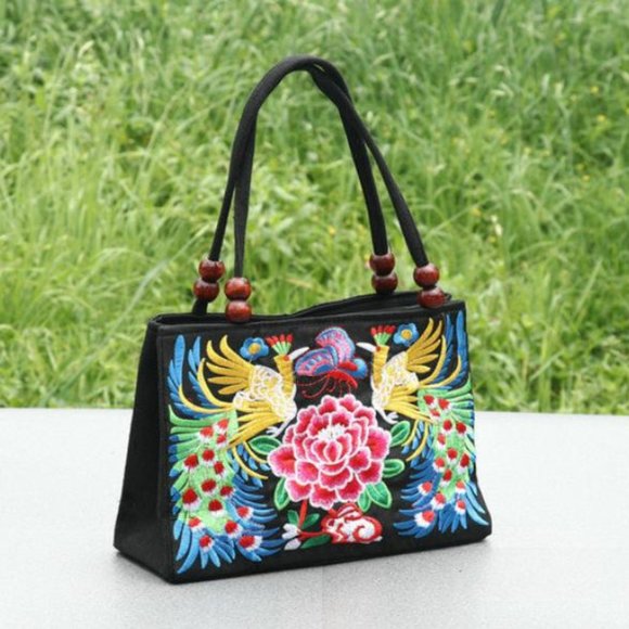 Embroidered Handbag Bright Multi Color Floral bag zippered compartments - Picture 1 of 2